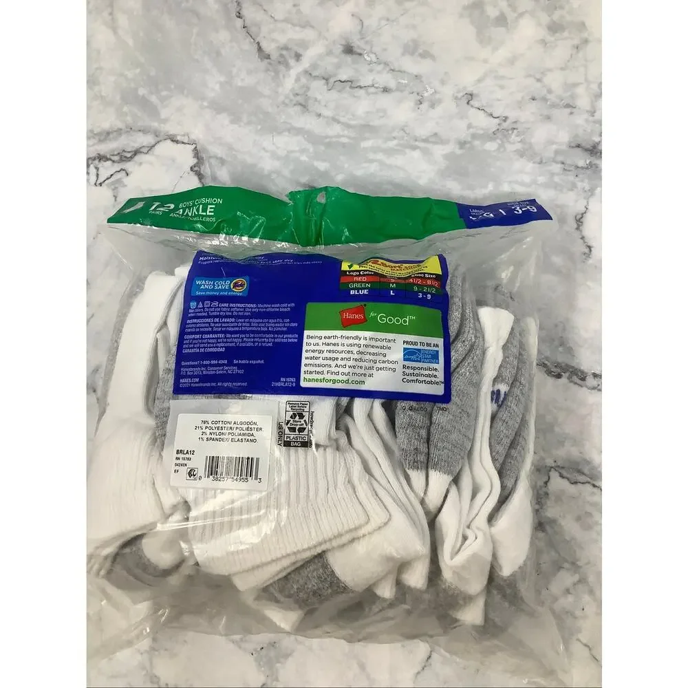 Hanes Boy's Large 12-Pack Double Tough Cushion White Ankle Socks OS1-7